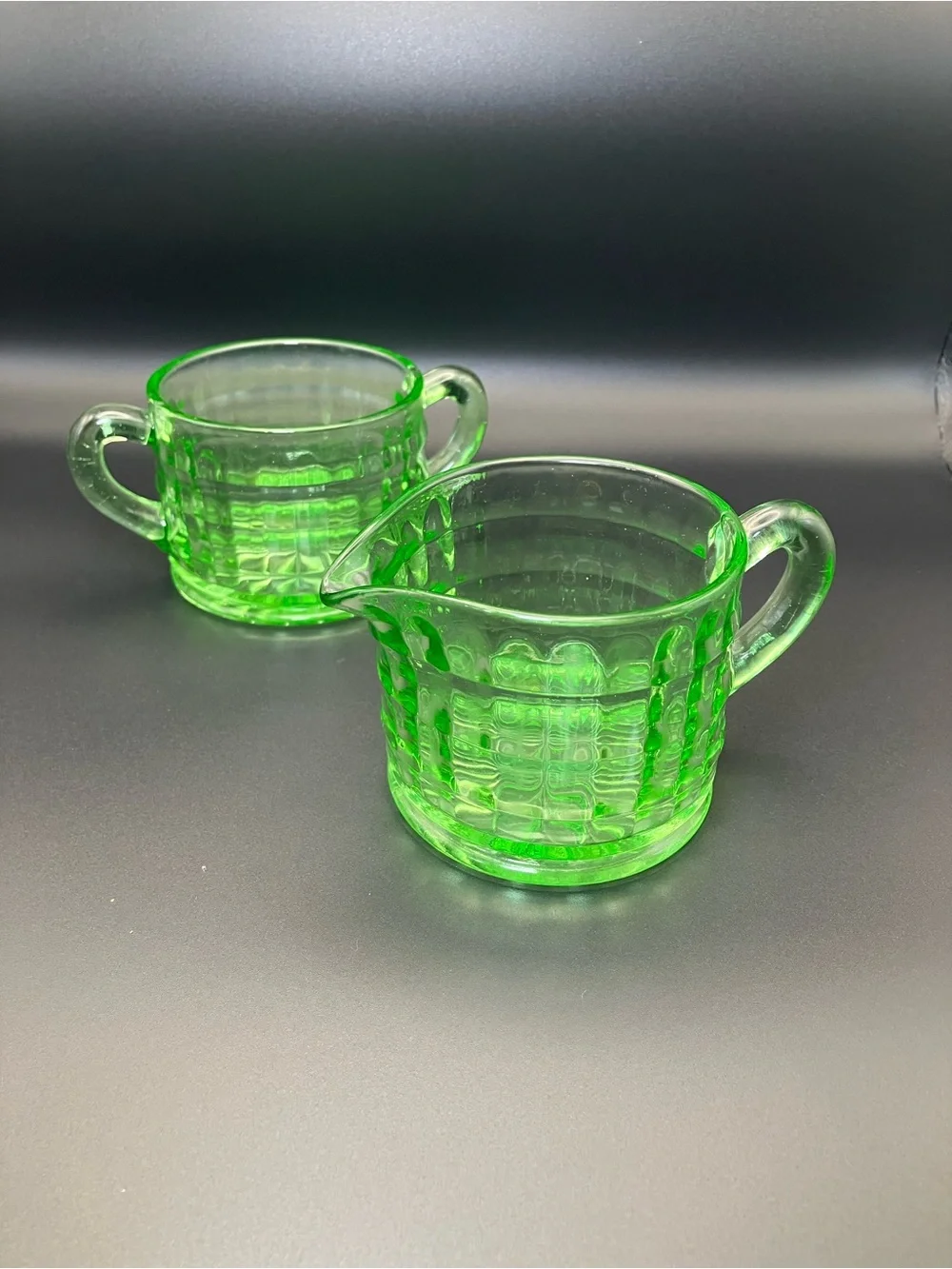Vintage Green Depression Glass Creamer and Sugar Set